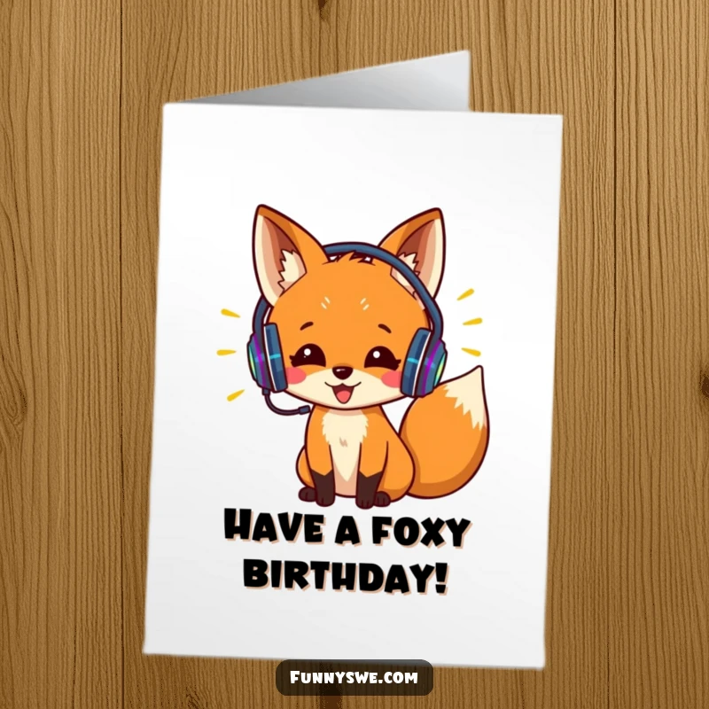 Funny free printable birthday card: Excited fox wearing headphones codes with colorful lines, celebrating a birthday, downloadable gift.