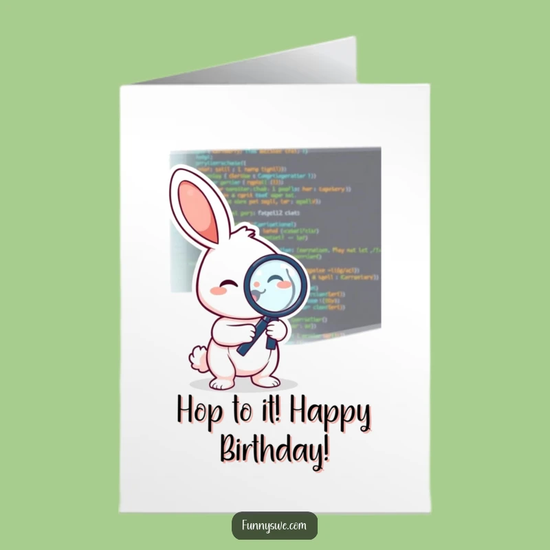 Free Printable Funny Birthday Card: Rabbit Debugging Code, Hilarious Downloadable for Coders