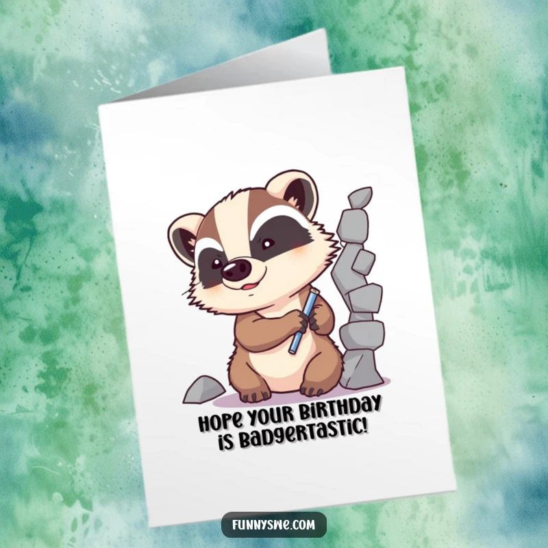 Funny free printable birthday card: determined badger character intently repairing a broken line of code.