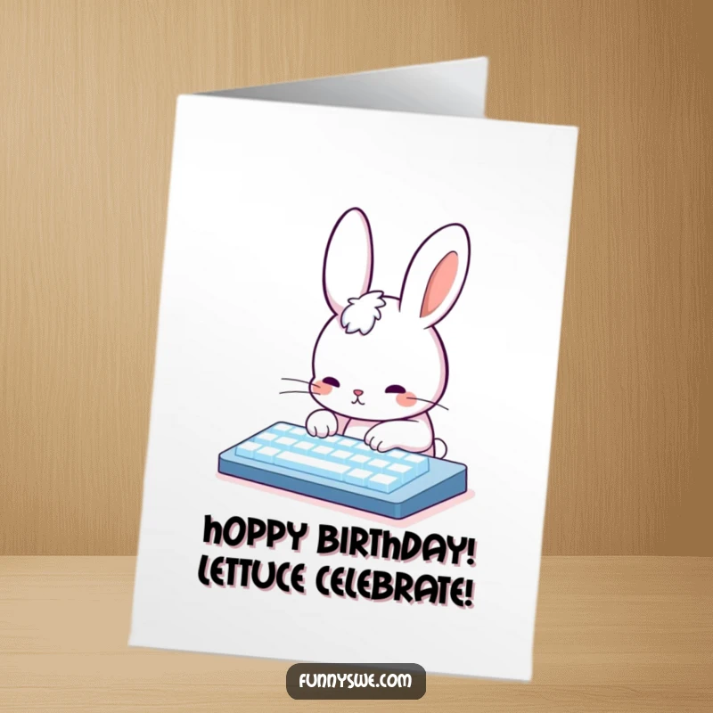 Funny Free Printable Birthday Card: Cute rabbit coder furiously typing on a glowing keyboard, sending birthday wishes.
