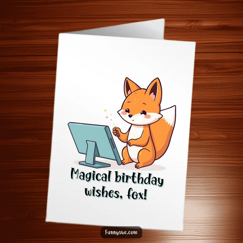 Funny Free Printable Birthday Card: A cute Kawaii fox uses a magic wand on a tablet to design a website.