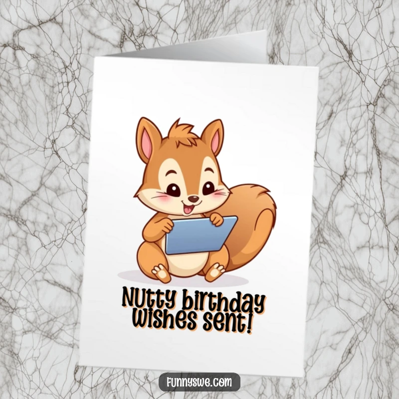 Funny Free Printable Birthday Card: A cute squirrel character energetically designing a website on a tablet, ready for a celebration.
