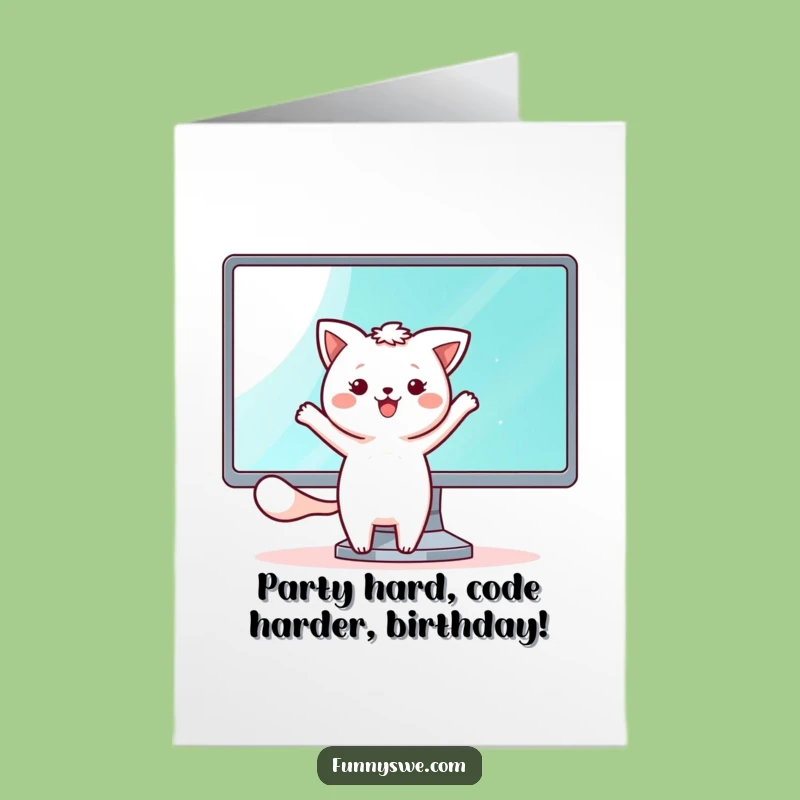 Free Printable Kawaii Gamer Card: Dancing Beside Monitor, Funny Birthday Downloadable Gift