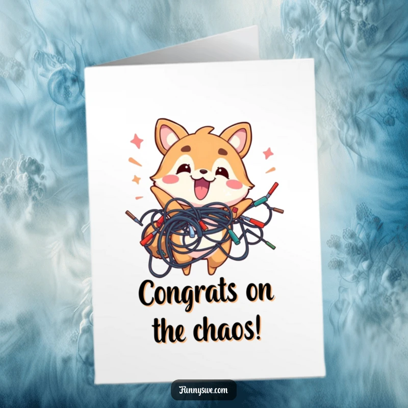 Funny free printable congratulations card featuring an energetic animal holding a messy pile of wires, a humorous take on success.