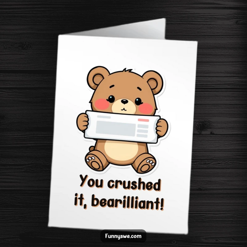 Funny free printable congratulations card: a determined bear proudly displaying a completed website layout.