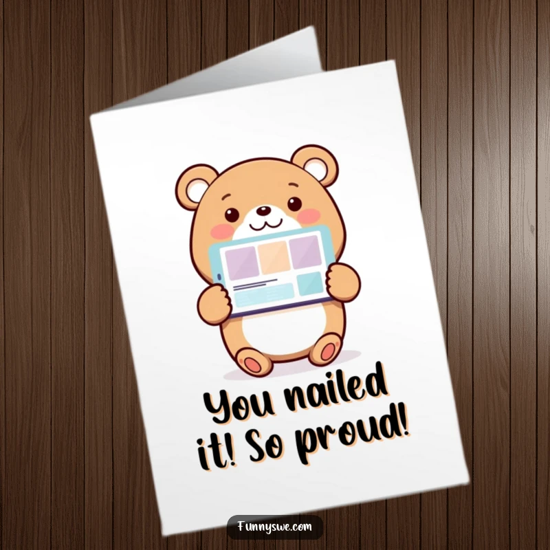 Funny free printable congratulations card: smiling bear presents a successful website design on a computer screen.
