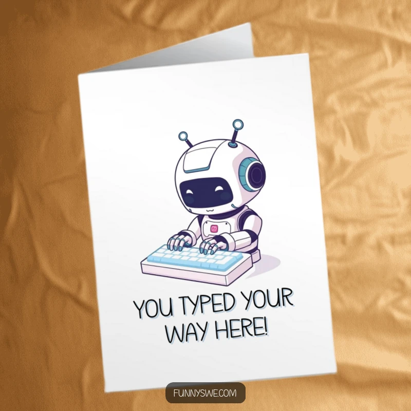 Funny Free Printable Congratulations Card featuring a kawaii robot animal typing on a glowing keyboard, celebrating success digitally.