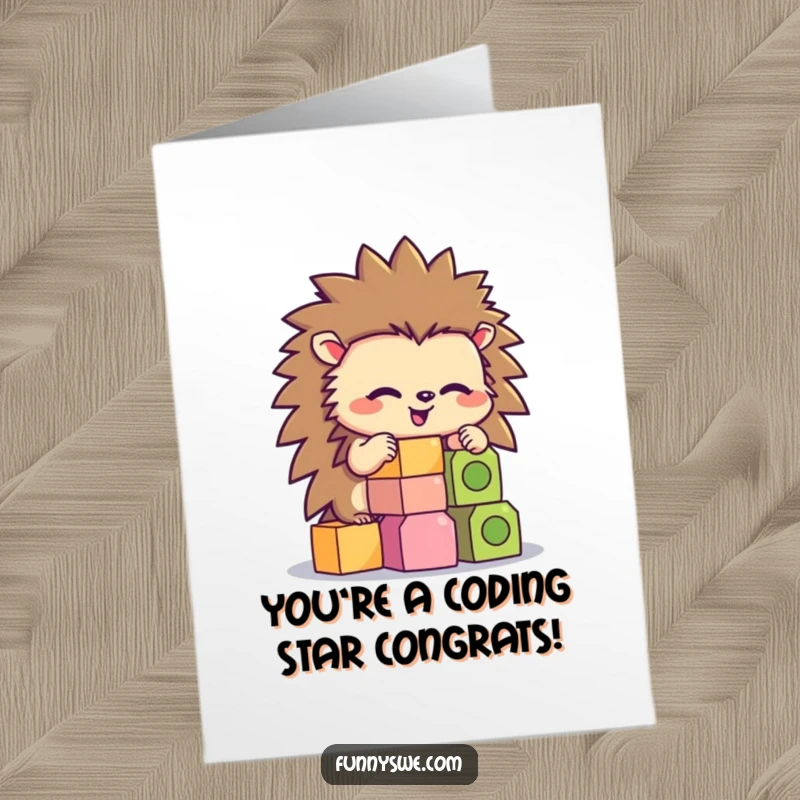 Funny Free Printable Congratulations Card: Hedgehog concentrated on stacking hexagonal code blocks, success in progress, downloadable celebration.
