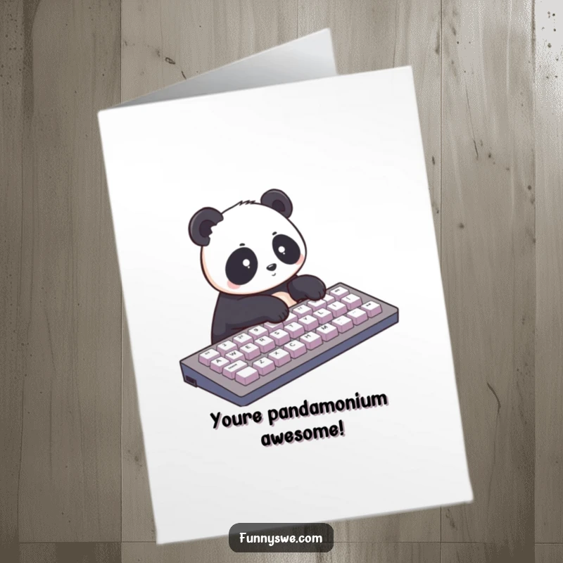 Funny free printable congratulations card: A cute panda rapidly types on a giant keyboard, celebrating a big win, downloadable gift.