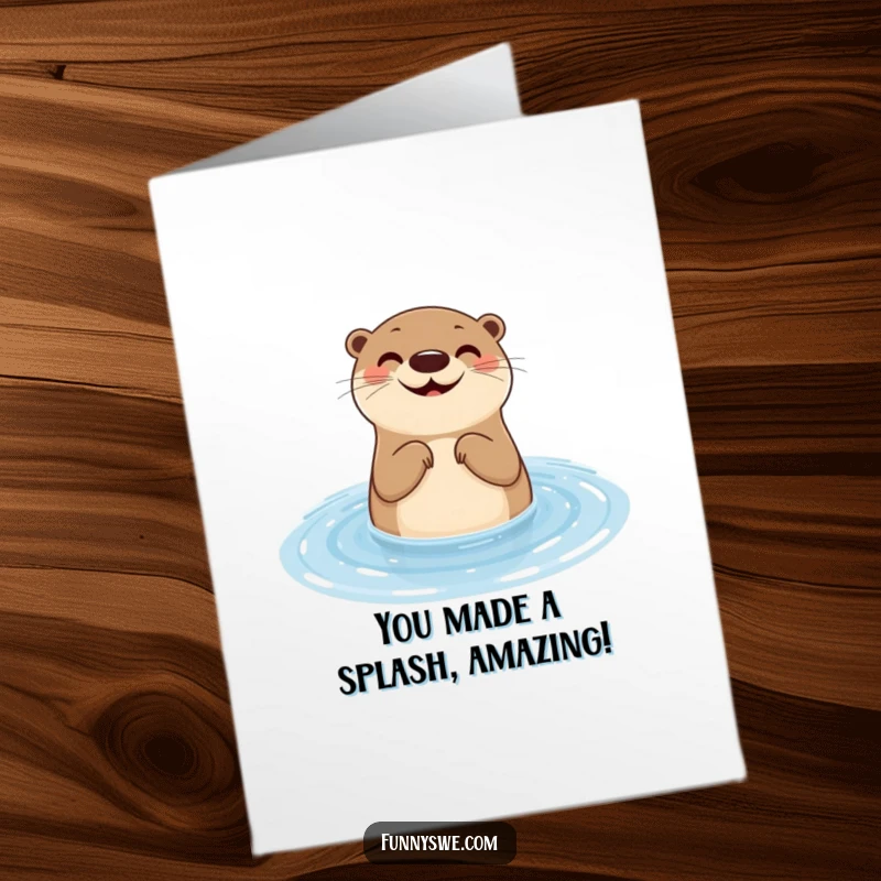 Funny Free Printable Congratulations Card showing an otter testing website responsiveness with a water ripple, celebrating smooth achievements.