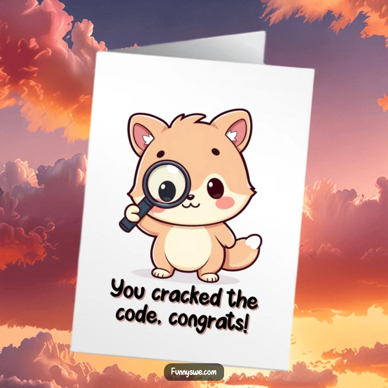 Funny Free Printable Kawaii Coder Congratulations Card: A kawaii animal holding a magnifying glass over code, celebrating success.