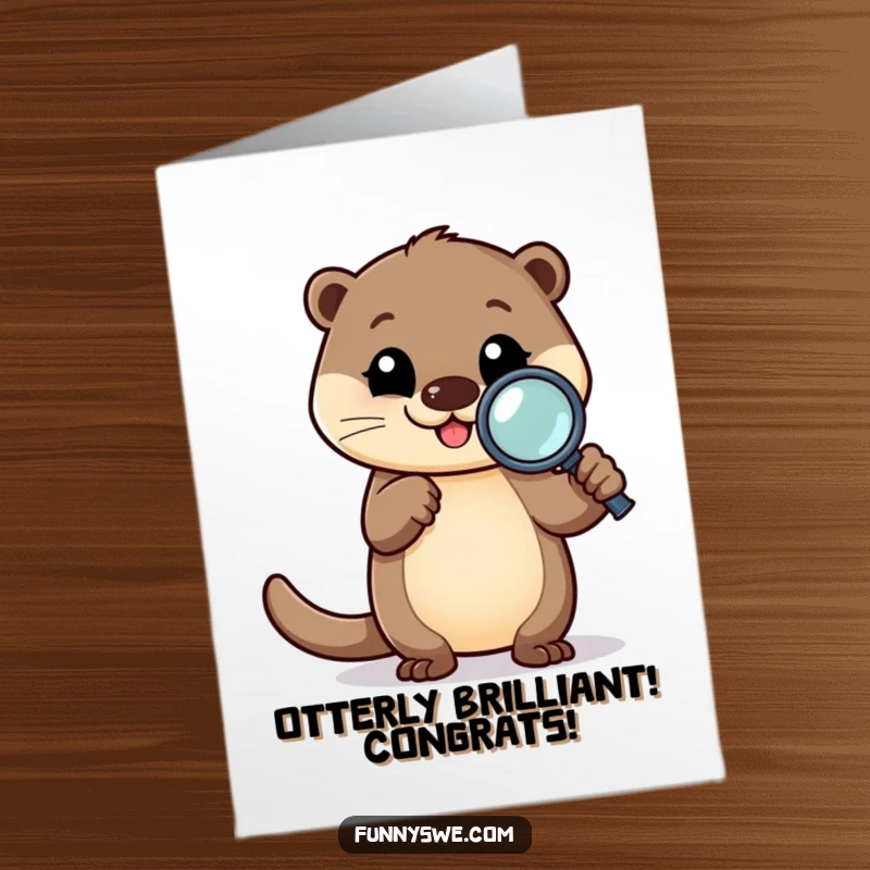 Funny Free Printable Congratulations Card: Happy otter character finding bugs with a magnifying glass, celebrating success.