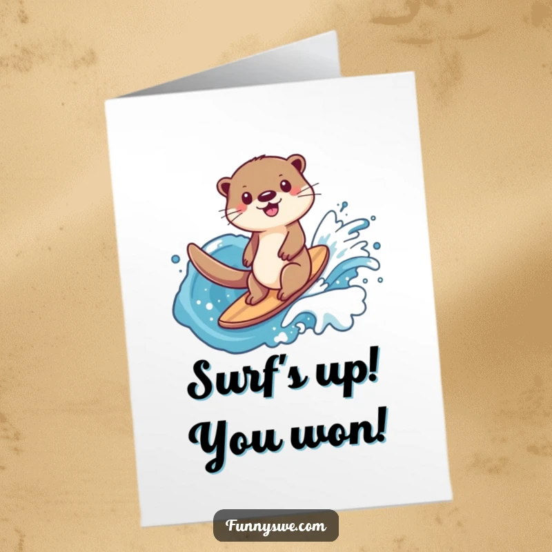 Funny Free Printable Congratulations Card with a happy otter surfing a wave of data, symbolizing mastery and progress.