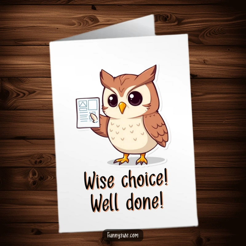 Funny free printable congratulations card: clever owl pointing to a website blueprint, celebrating success.