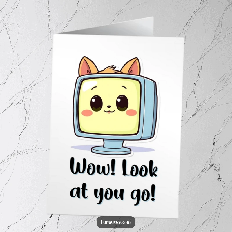 Funny free printable congratulations card showing a curious animal captivated by a glowing computer screen, a celebration of discovery.