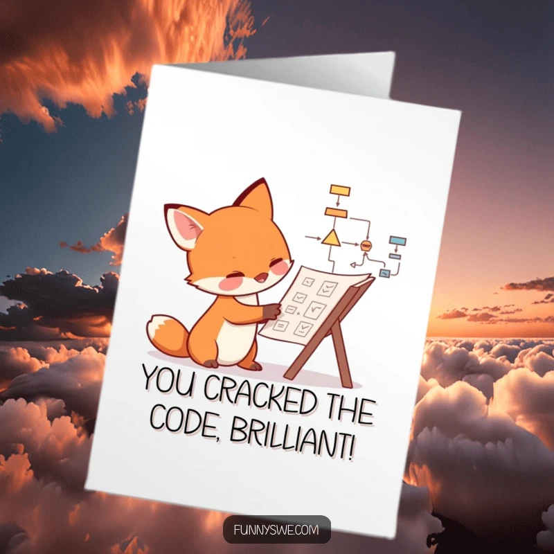 Funny Free Printable Congratulations Card showing a curious fox analyzing a complex flowchart, celebrating smarts.