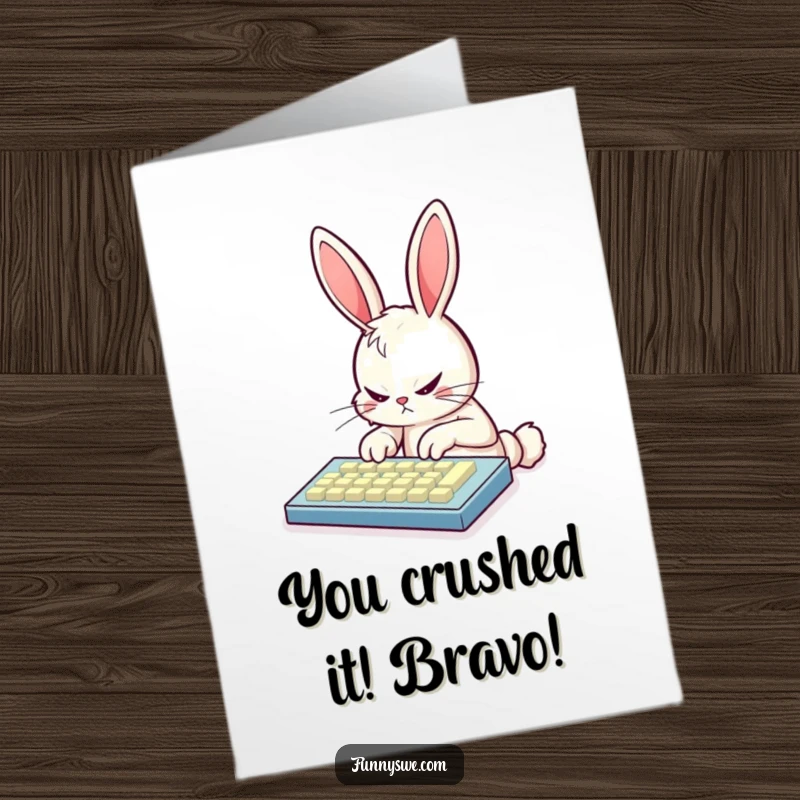 Funny Free Printable Congratulations Card showing a bunny coder succeeding with a glowing keyboard, celebrating an achievement.