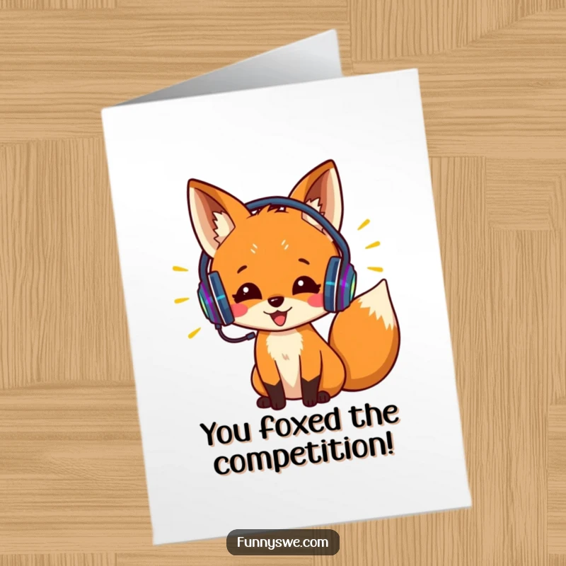 Funny free printable congratulations card: Excited fox in headphones codes with bright lines, celebrating a big achievement, downloadable gift.