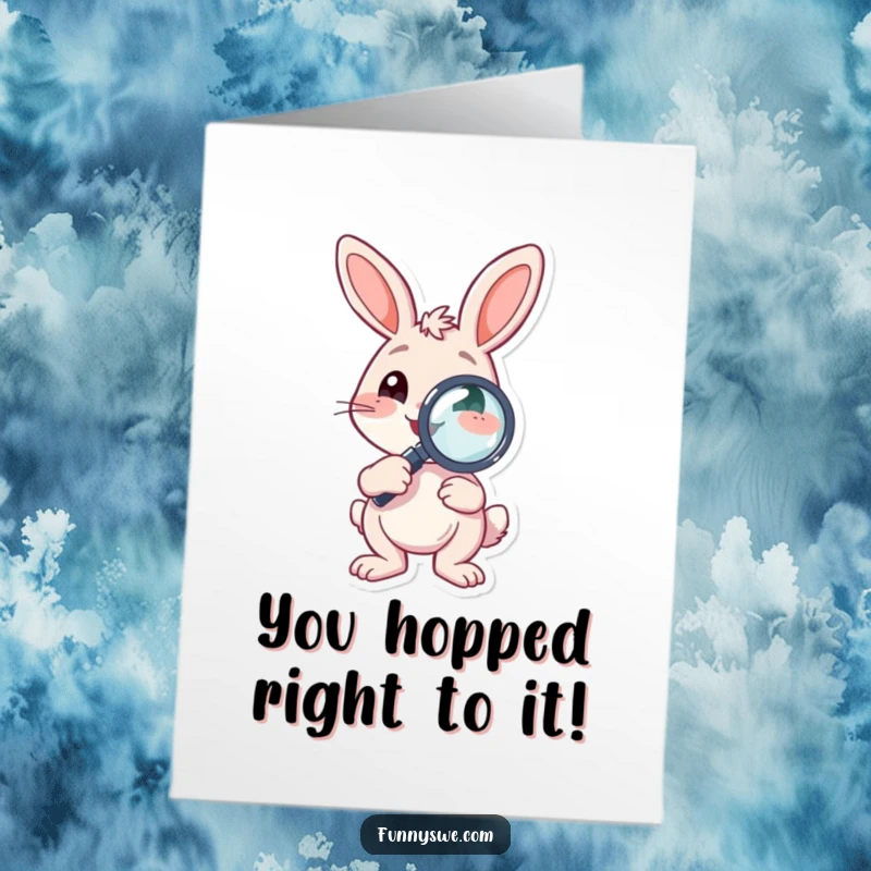 Funny Free Printable Congratulations Card: A cheerful bunny mascot with a magnifying glass, celebrating a bug-free success.
