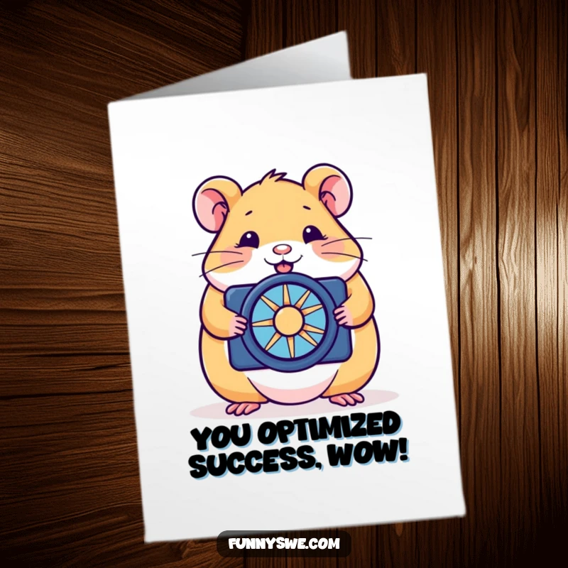 Funny Free Printable Congratulations Card showing a hamster optimizing a website, perfect for celebrating digital achievements.