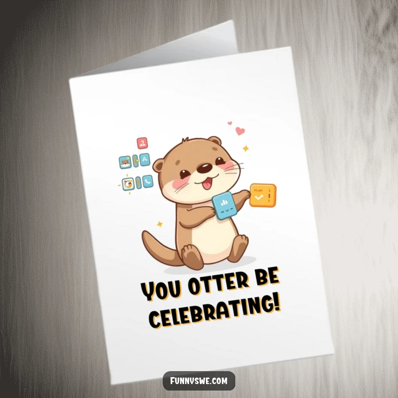 Funny Free Printable Otter Congrats Card: Playful otter dragging interface elements, celebrating success with tech-themed humor.
