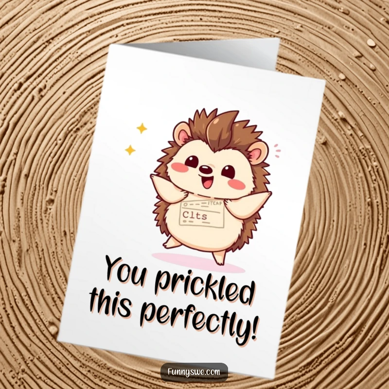 Funny Free Printable Congrats Card: A Kawaii hedgehog performs a happy dance, proudly displaying impressive website code.