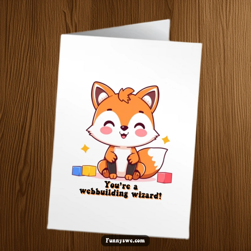 Funny Free Printable Congratulations Card: Cheerful fox character using colorful blocks to build a website, celebrating success.