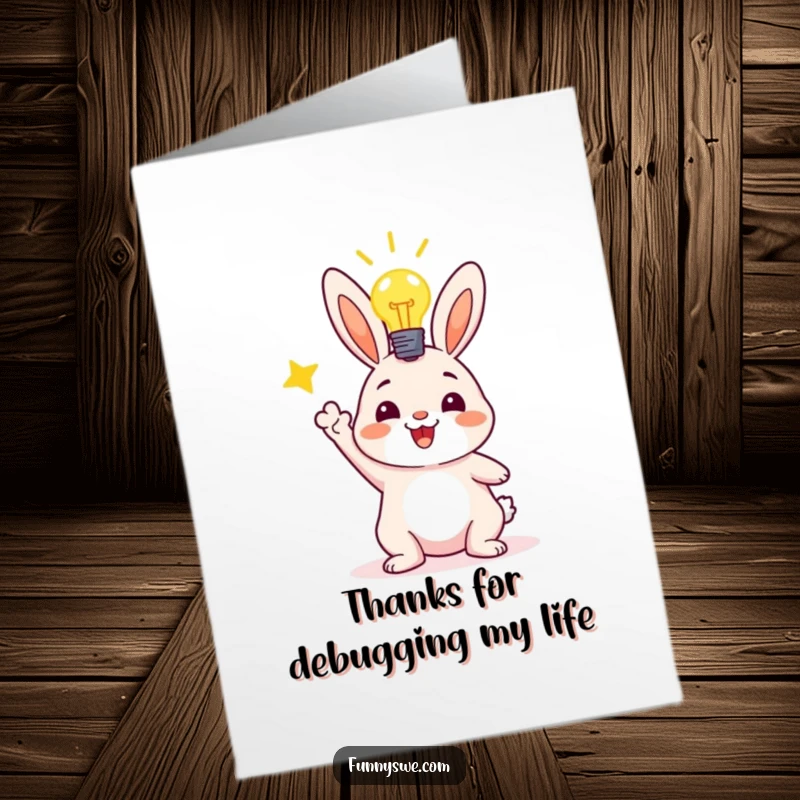 Funny Free Printable Bunny Coder, lightbulb lit, saying thank you for successful code deployment.
