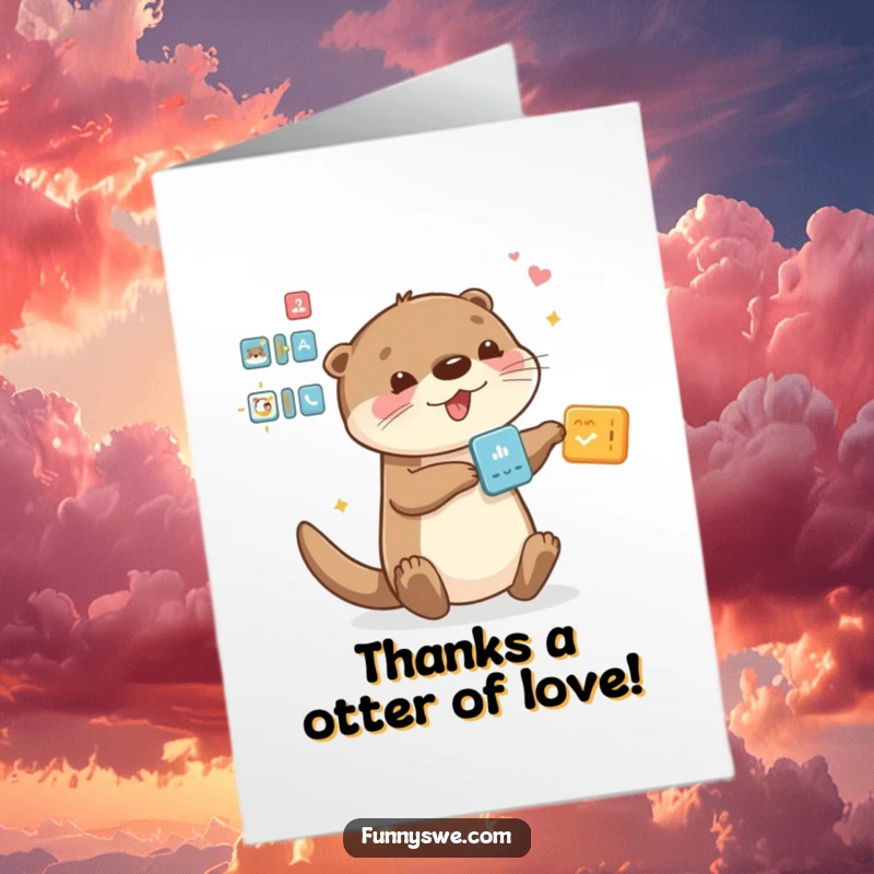 Funny Free Printable Otter Thank You Card: Playful otter dragging interface elements, expressing thanks with tech-inspired humor.
