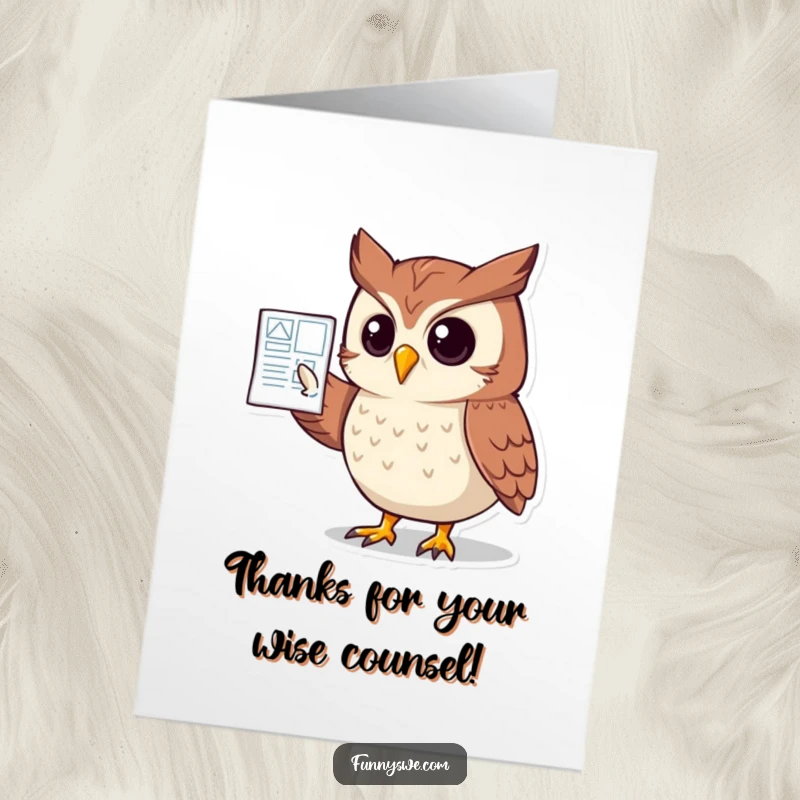 Funny free printable thank you card: clever owl character pointing to a website blueprint.