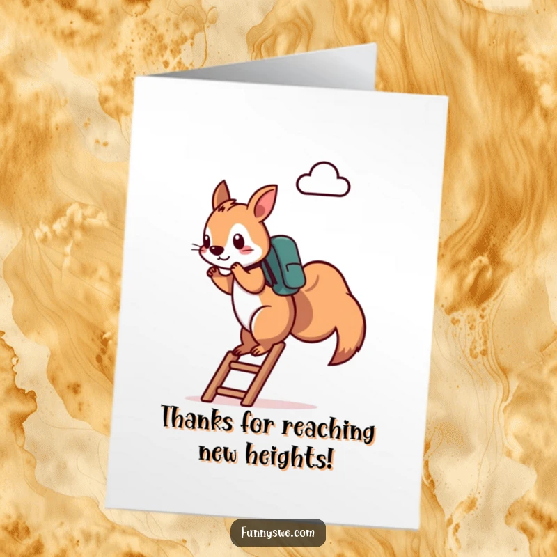 Funny Free Printable Squirrel Thank You Card: A determined squirrel climbs a ladder to a cloud server icon, expressing thanks.
