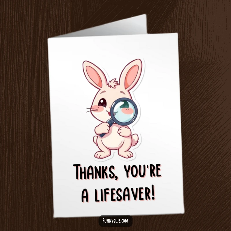 Funny Free Printable Thank You Card: A bouncing bunny character holding a magnifying glass, searching for fixes.