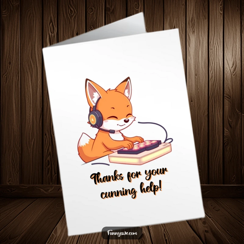 Funny Free Printable Thank You Card: A cute fox wearing a headset, intensely typing on a luminous keyboard, expressing thanks for help.