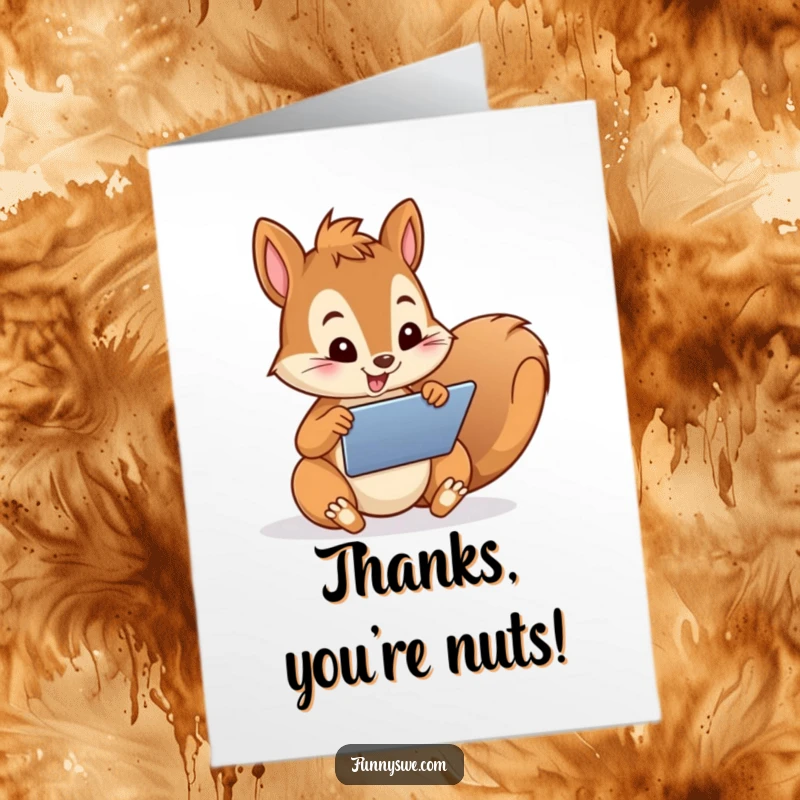 Funny Free Printable Thank You Card: A squirrel character enthusiastically creating a website on a tablet, saying thanks.