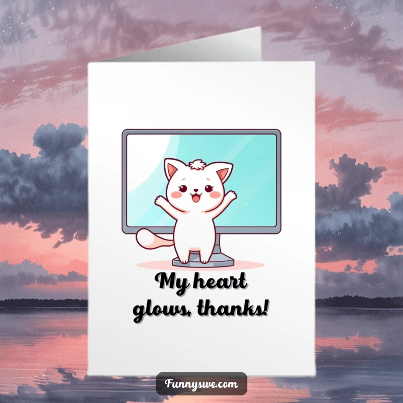 Funny Free Printable Kawaii Gamer Thank You Card: A kawaii animal dancing happily beside a shining monitor screen.