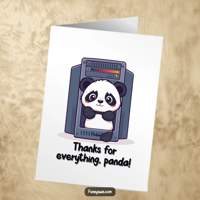 Funny Free Printable Panda Thank You Card: Curious panda peeking from server rack, offering tech-humor thanks.
