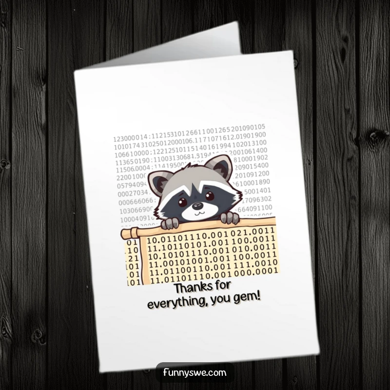 Funny free printable thank you card: a curious raccoon peeks over a wall of scrolling code.