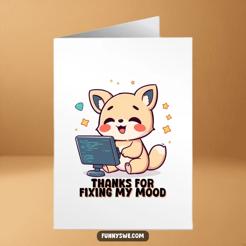Funny Free Printable Thank You Card of a kawaii animal character giggling while debugging code, surrounded by floating symbols, a humorous thank you.