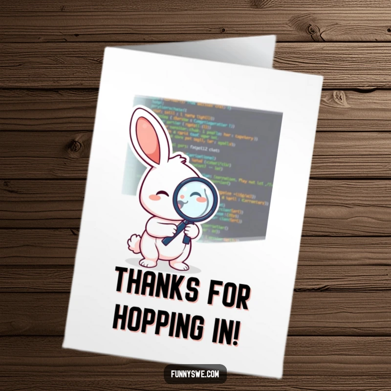Funny Free Printable Thank You Card: A cheerful rabbit uses a magnifying glass to debug computer code, expressing thanks for their problem-solving skills.