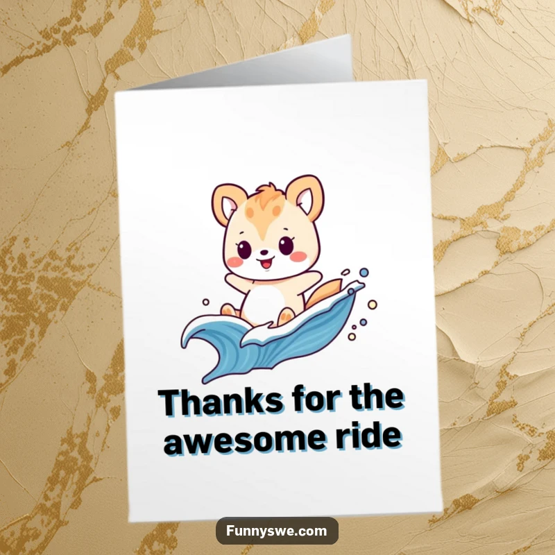 Funny free printable thank you card with a playful animal surfing a digital code wave, a unique and engaging DIY.
