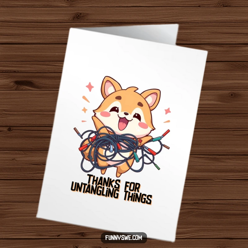 Funny free printable thank you card with an energetic animal enthusiastically holding a knot of wires, a delightful DIY.