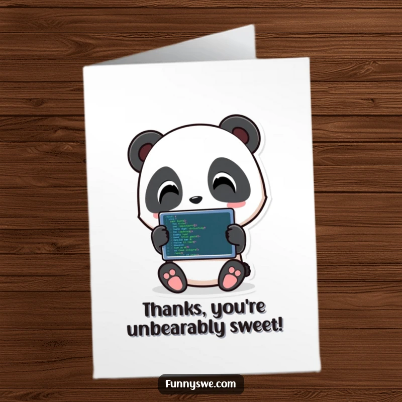 Funny Free Printable Thank You Card: Playful panda character holding a tablet with code, expressing thanks.