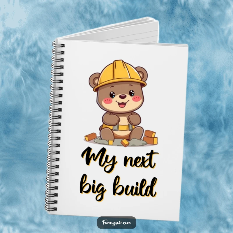 Funny bear character with hard hat, building virtual structure, spiral notebook, construction theme, great funny gift.