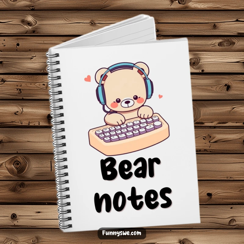 Funny bear with headphones, typing rapidly on an oversized keyboard, a humorous notebook for jotting down ideas.