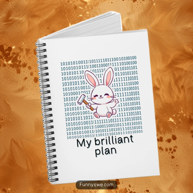 Funny happy bunny with a tiny hammer, tapping binary code on a notebook cover.