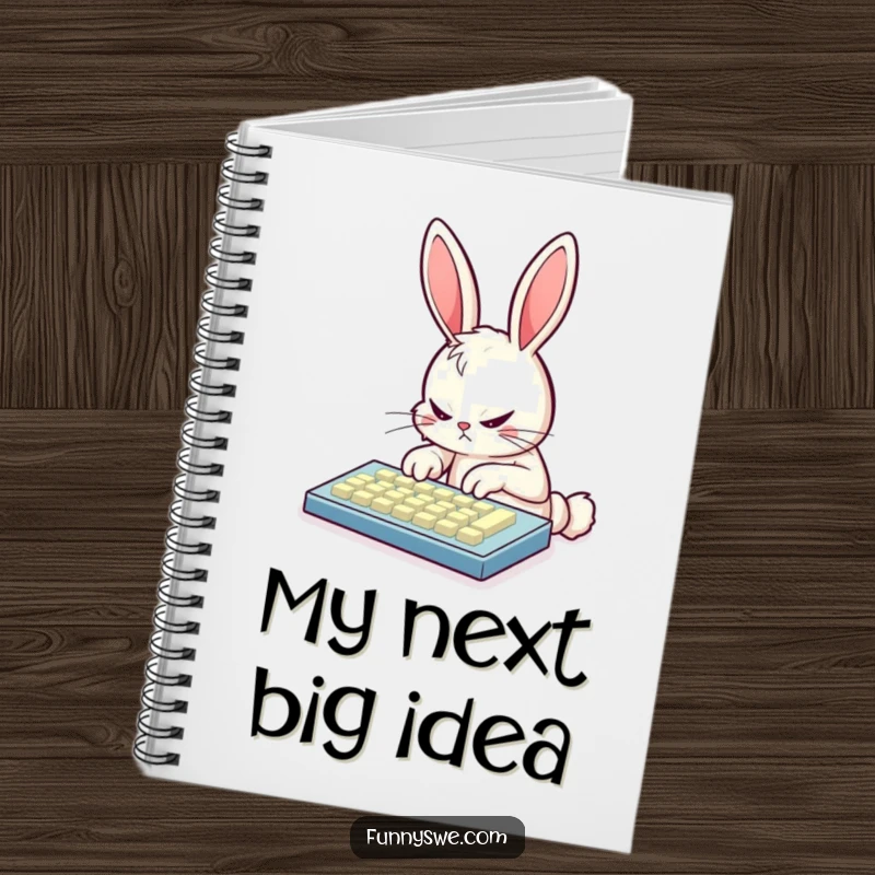 Funny bunny coder notebook showing a determined bunny furiously typing on a glowing keyboard, perfect for note-taking and brainstorming.