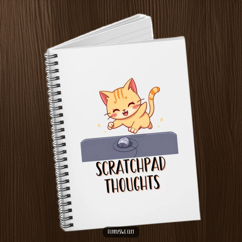 Funny cat energetically chasing a computer mouse cursor on a screen, a humorous notebook for jotting down notes.