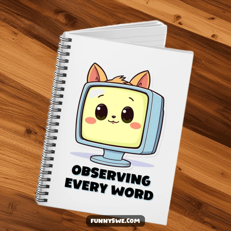 Funny notebook cover with a curious animal with big eyes examining a glowing computer monitor, a research gift.