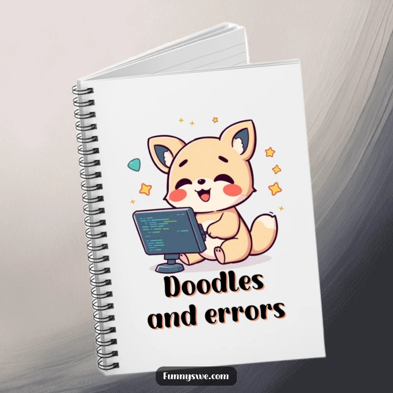 Funny kawaii animal character giggling while debugging code, surrounded by floating symbols, a humorous notebook.