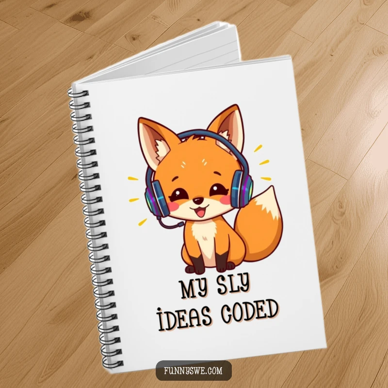 Funny notebook cover with an excited fox wearing headphones, coding with colorful lines. Ideal for notes and project planning.